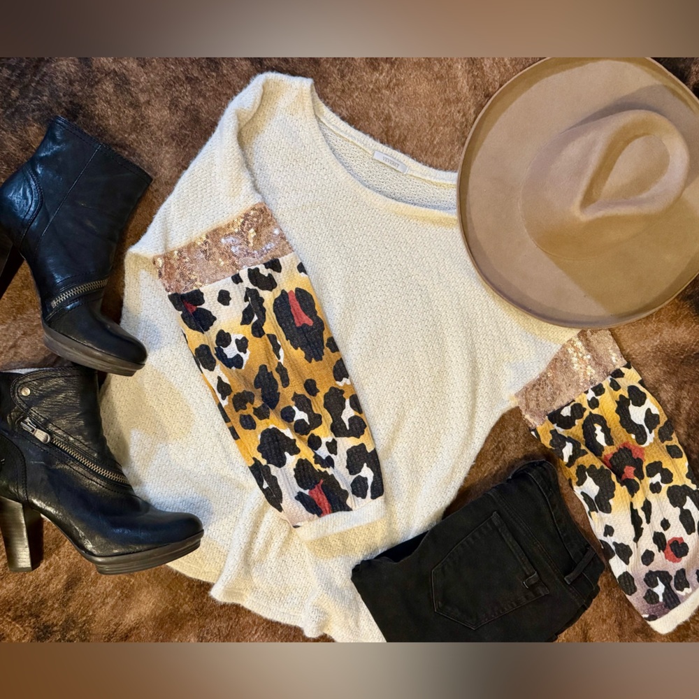 Cream Leopard and Sparkle Long Sleeve Sweater